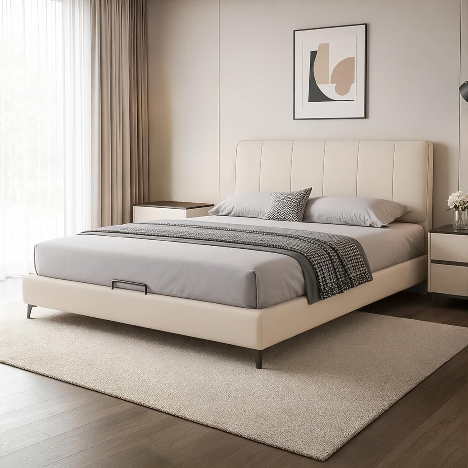 6a5a42c5703082a8f06dd8c11ef0af480c17f79cbec237b3224d1.jpg Premium Bed with Top Grain Genuine Leather Upholstery & Metal Frame - Image 1