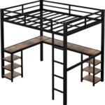 Full-size loft bed with L-shaped desk and storage shelves,